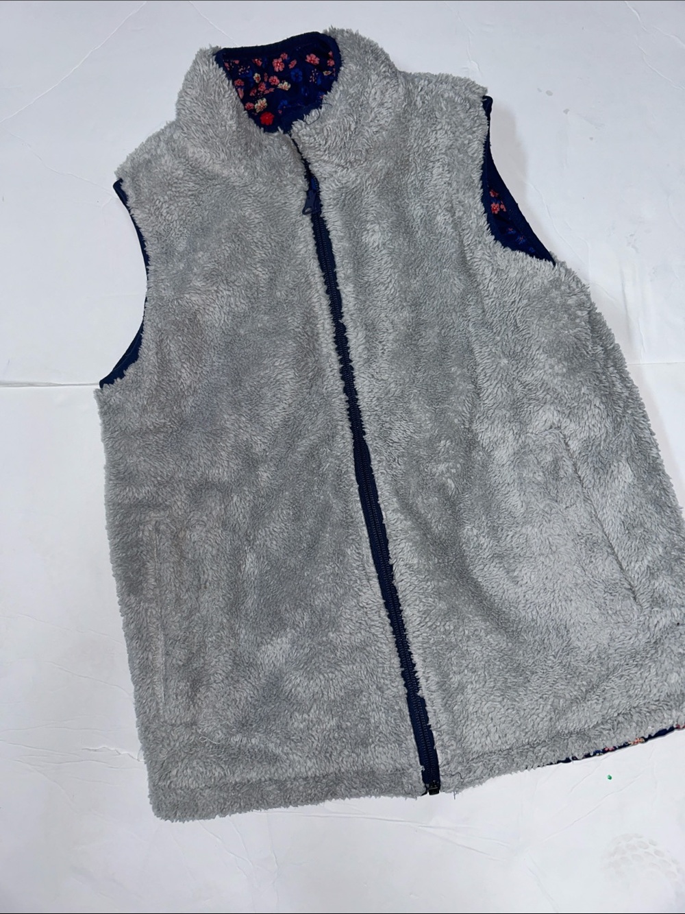 Buffalo David Bitton Kids Grey Plush Reversible Vest with Navy Floral Lining